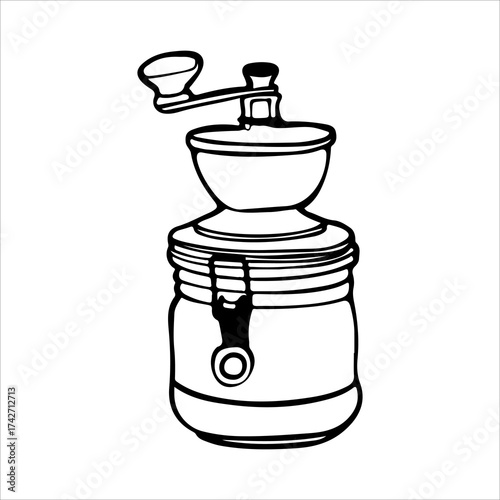 Hand-drawn linear doodle of a manual coffee grinder. Minimalist outline illustration of a vintage-style hand mill, perfect for cafe menus, brewing tools, and black and white coffee-themed designs