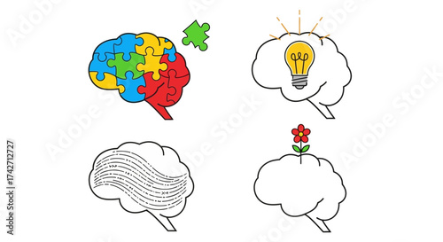 Conceptual brain illustration with puzzle pieces, lightbulb, sound waves, and a flower representing creativity and intelligence