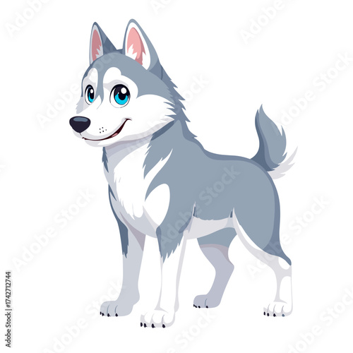 Adorable husky dog standing in the snow, winter pet illustration with blue and white fur, friendly Christmas season animal design on white background