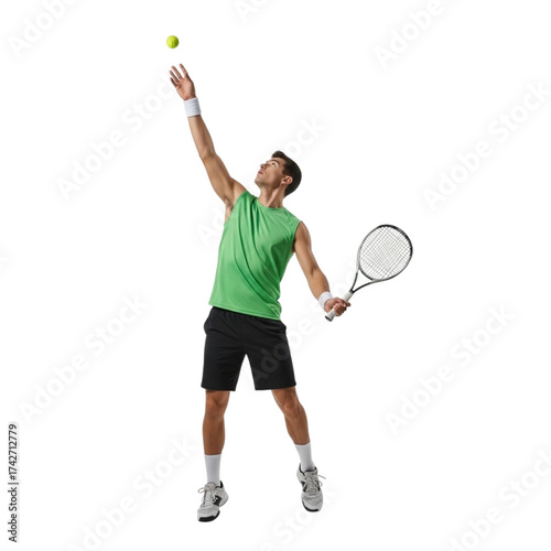 Athletic man playing tennis with racquet and ball isolated on transparent background