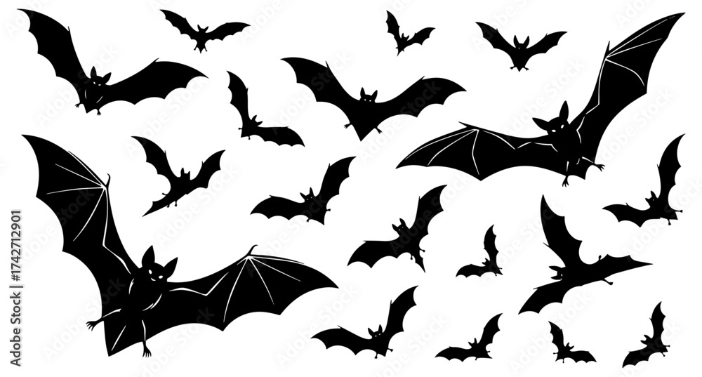 Fototapeta premium Silhouette bat swarm spooky halloween flying creatures collection dark mysterious night wildlife vector