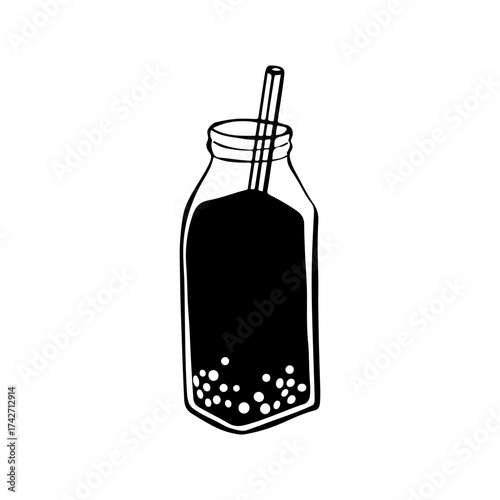 Hand-drawn linear doodle of bubble coffee with tapioca pearls. Minimalist outline illustration perfect for modern cafe menus, trendy drinks, and black and white beverage graphics.