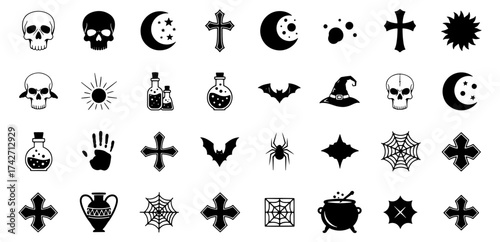 Collection of spooky halloween icons featuring skulls bats and occult symbols for design vector