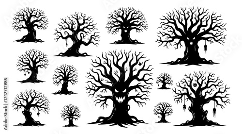 Collection of spooky silhouetted gnarled bare halloween trees spooky silhouette tree collection vector