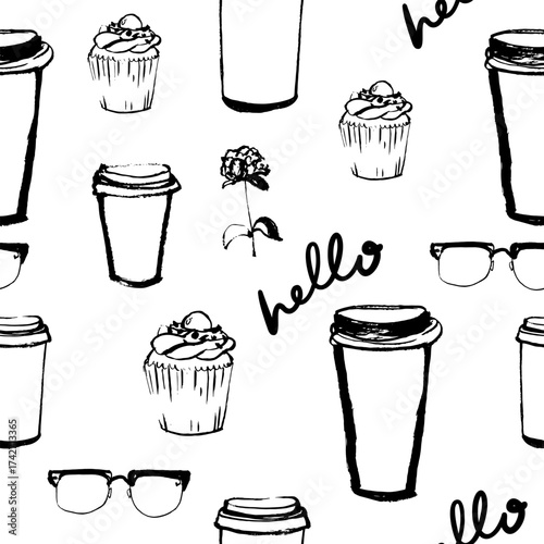 Hand drawn linear doodle seamless pattern featuring takeout coffee cup, flower, cupcake, and Hello text Minimalist outline design perfect for cozy cafe themes and sweet treats projects