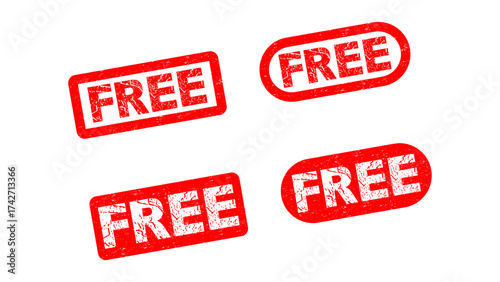  Red “FREE” rubber stamp designs symbolizing zero cost, special offers, or free items, perfect for marketing, promotions, and advertising materials.
