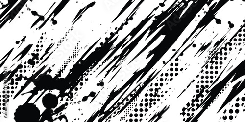 Abstract grunge texture with dynamic black brush strokes and halftone patterns vector