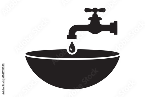 Plumbing icon with faucet and washbasin. Sanitary ware symbol. Vector Black silhouettes. with white background
