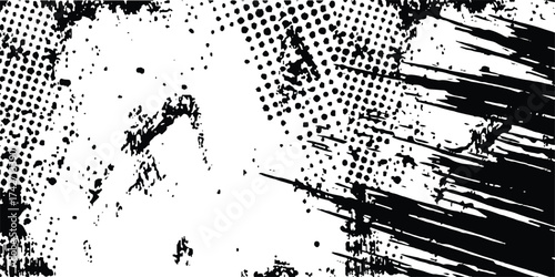 Abstract grunge texture with dynamic black brush strokes and halftone patterns vector