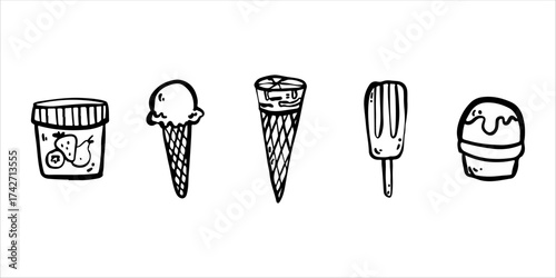 Hand drawn linear doodle set featuring five different ice cream styles including soft serve in waffle cone, popsicle, ice cream scoop in cup, ice cream bar on stick, and heart-shaped waffle with ice c