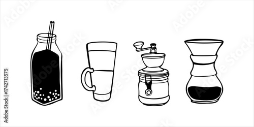 Hand drawn linear doodle set featuring four coffee items: bubble coffee, latte cup, Chemex brewer, and manual coffee grinder Minimalist outline illustrations perfect for coffee lovers and cafe themes.