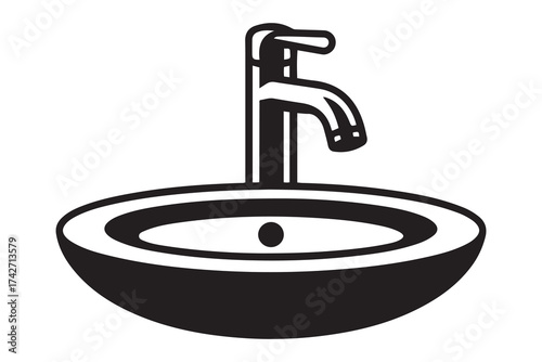 Plumbing icon with faucet and washbasin. Sanitary ware symbol. Vector Black silhouettes. with white background