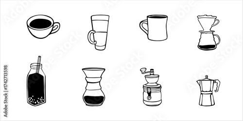Hand drawn linear doodle set featuring eight coffee items: bubble coffee, latte cup, brewer, manual grinder, Americano cup, espresso shot, coffee filter, and moka pot Minimalist outline illustrations 