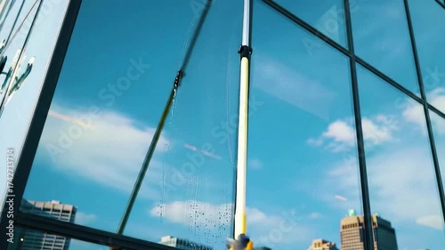 A window washer uses a squeegee on a long pole to clean the glass facade of a modern skyscraper reflecting the city and sky