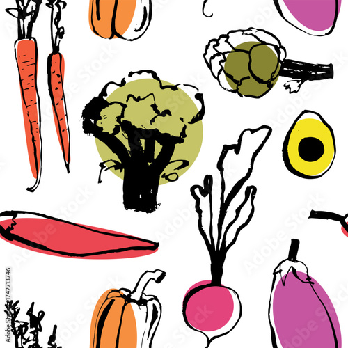 Colorful seamless pattern with hand drawn doodle vegetables including broccoli, artichoke, radish, avocado, carrot, eggplant, and bell pepper on white background Vibrant design perfect for healthy foo