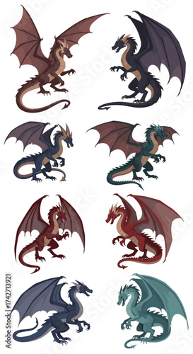 A collection of eight pixel art dragons each in a unique color and pose.