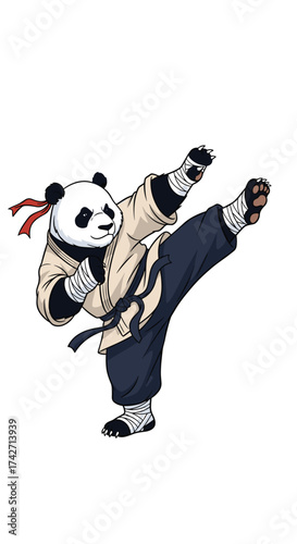 A martial arts panda performs a dynamic high kick in a traditional gi.