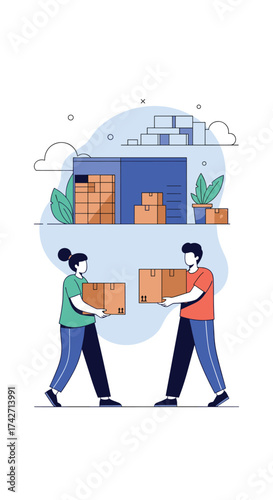 Two people carrying boxes in front of a warehouse building.