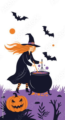 A whimsical witch brews a magical potion under the spooky Halloween moon surrounded by bats.