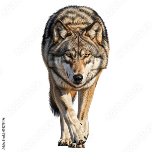 Close up frontal view of a wolf walking forward isolated on transparent background