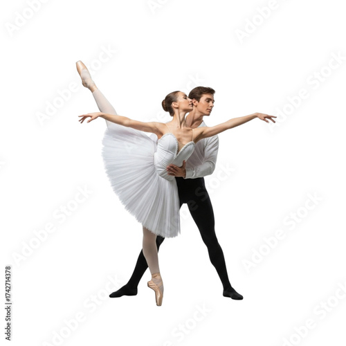 Elegant ballet dancers performing graceful pas de deux isolated on transparent background