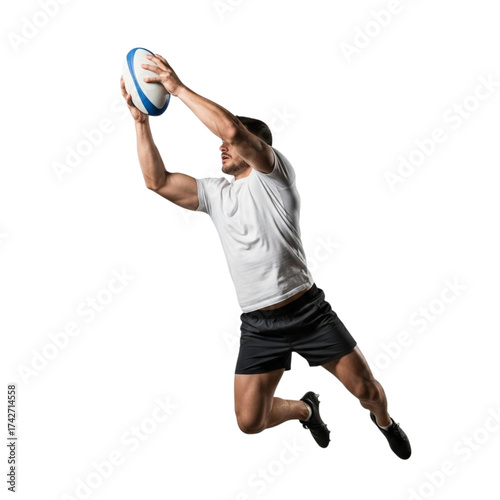 Rugby player in mid air catching the ball isolated on transparent background