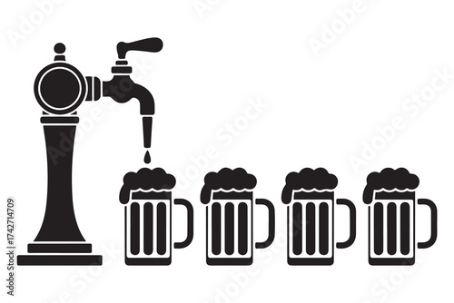 Black silhouette of beer pump for bar with tap and handle and with set full beer mugs with foam. Pouring in beer glasses. Vector Black silhouettes. with white background