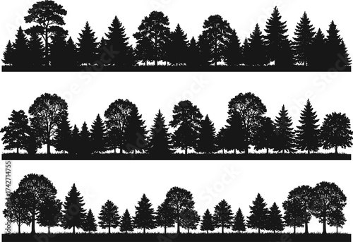 Silhouette tree collection with conifer and deciduous forms, broad canopies, pointed tops, diverse botanical elements, outdoor landscape, environmental concept art