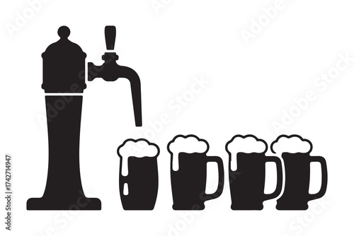 Black silhouette of beer pump for bar with tap and handle and with set full beer mugs with foam. Pouring in beer glasses. Vector Black silhouettes. with white background