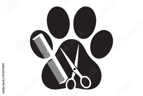 Dog grooming logo design template. Dog pawprint with comb and scissors. Vector clipart and drawing. Vector Black silhouettes. with white background