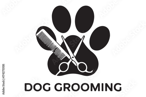 Dog grooming logo design template. Dog pawprint with comb and scissors. Vector clipart and drawing. Vector Black silhouettes. with white background