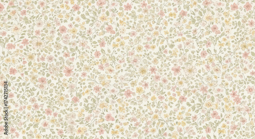 A Delicate Floral Pattern of Small Pink and Yellow Flowers Scattered Across a Light Background, Evoking a Sense of Spring and Nature's Gentle Beauty