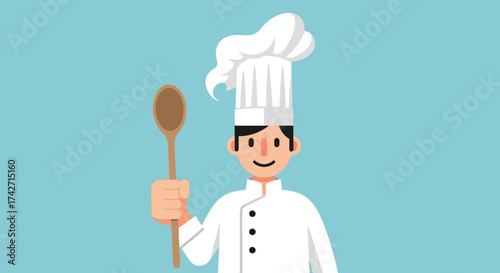 Enthusiastic Chef with Wooden Spoon Ready to Prepare a Delicious Meal