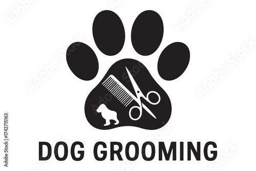Dog grooming logo design template. Dog pawprint with comb and scissors. Vector clipart and drawing. Vector Black silhouettes. with white background
