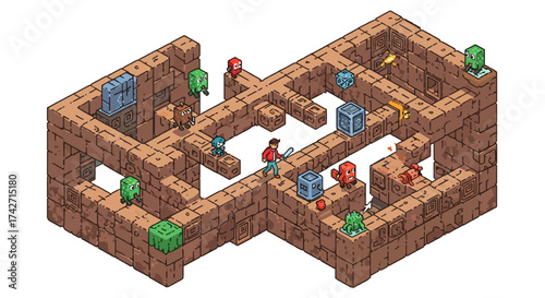 Isometric pixel art maze with adventurer and colorful creatures on brick path