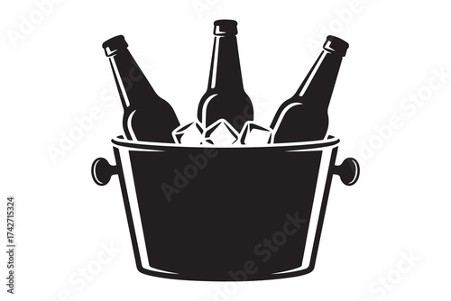 Black silhouettes bottles beer in a metal bucket with handles and ice cube. Vector Black silhouettes. with white background