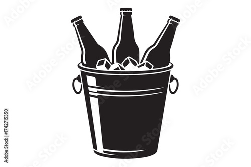 Black silhouettes bottles beer in a metal bucket with handles and ice cube. Vector Black silhouettes. with white background