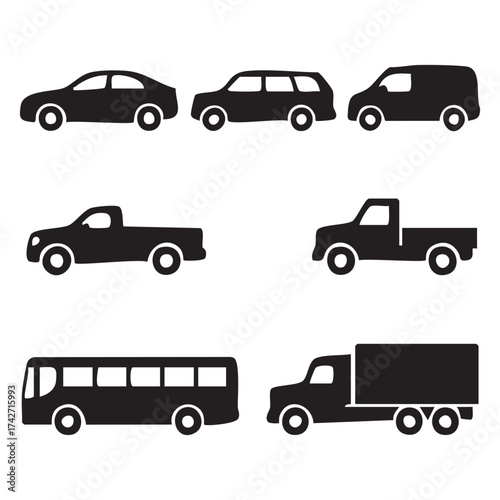 Diverse Vehicle Silhouettes Representing Various Transportation Modes Including Car, Truck, Van, Bus, and Station Wagon