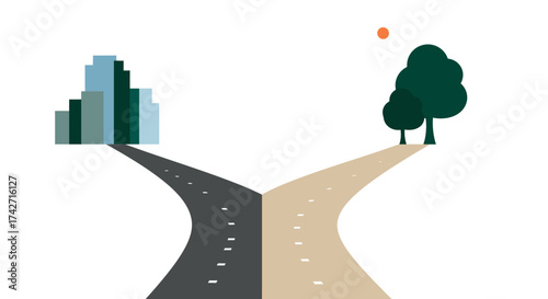 Urban versus nature decision concept with diverging roads and minimalist design