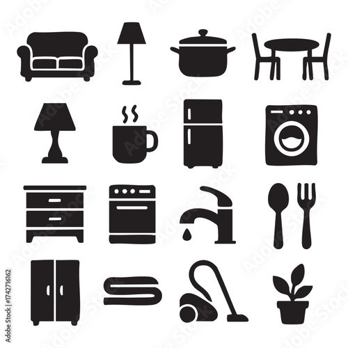 Collection of Household Items and Appliances Minimalist Black and White Icons for Home Decor and Daily Life