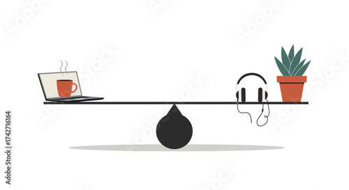 Balancing work and relaxation with laptop, coffee, headphones, and plant