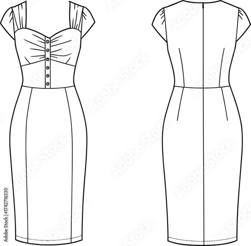 Fitted dress fashion flat sketch, sweetheart neckline, cap sleeves, button front bodice, pencil skirt, technical garment drawing, vector illustration