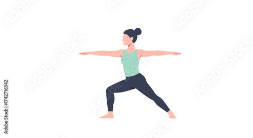 Woman practicing yoga warrior pose in flat design for health and fitness concept