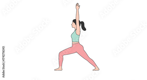 Woman practicing yoga in warrior pose with flat design style on white background