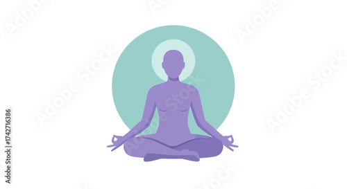 Minimalist meditation pose: purple silhouette in lotus position with calm aura