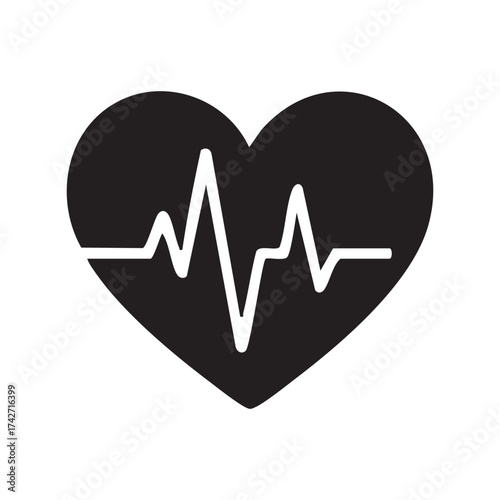 Heartbeat Symbol A Black Heart with a White EKG Line Represents Cardiovascular Health and Vitality in Medical Design