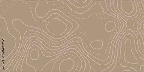 An old, brown seamless wood texture pattern with a vintage floral art design and gold leaf ornament decoration for wallpaper or backdrop. Abstract contour line map background showing elevation pattern