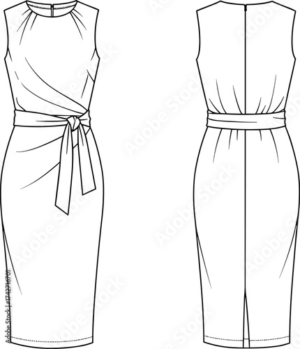 Sleeveless sheath dress flat sketch, front and back technical fashion drawing, vector apparel template, CAD clothing design, elegant garment illustration
