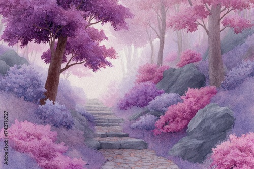 Enchanted forest path with purple and pink foliage