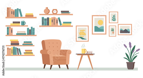 Cozy living room interior with armchair and shelves in minimalist design